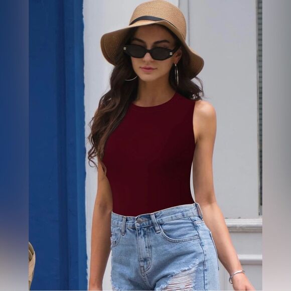 Sleeveless Crew Neck Tank Top Bodysuit Small Burgundy (57) - Picture 4 of 7